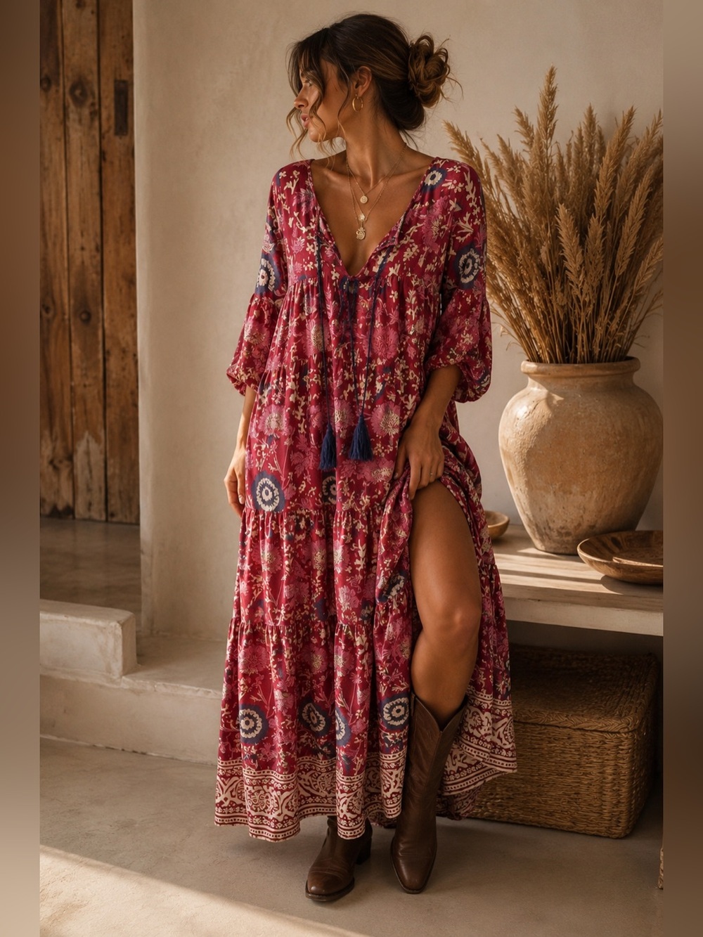 Natural Life Boho Floral Tiered Maxi Dress Red Pink Tassel Tie L